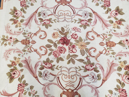 Chinese Aubusson Savonnerie Area Rug 6x8, Vintage Hand-Woven Needlepoint Rug, Flat Weave Handmade Wool Carpet Living Room Ivory & Navy Blue - Nuvé