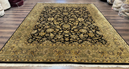 Indo Persian Rug 8x10, Black and Green, Wool, Handmade, Traditional, Floral Allover, Vintage - Nuvé