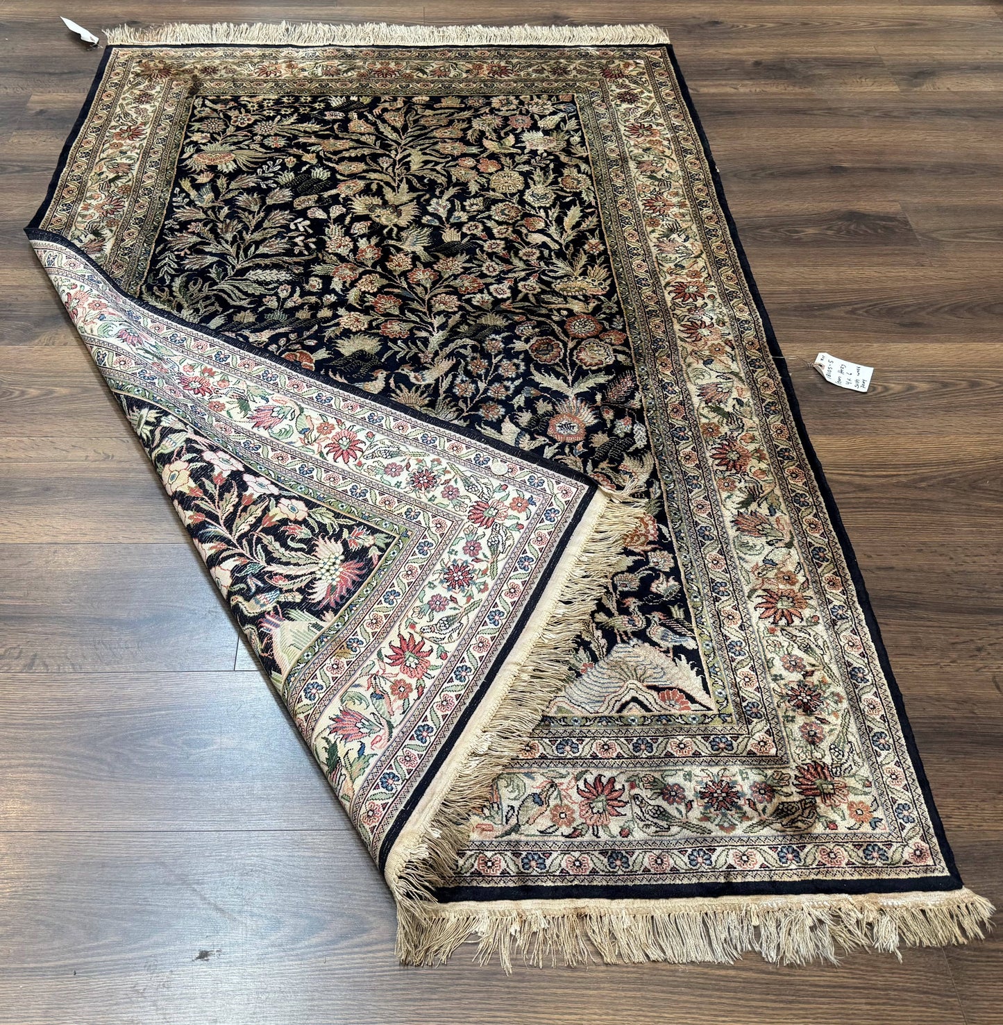 Silk Rug 4x6, Black and Cream, Floral & Bird Pictorials, Fine 330 KPSI, Sino Persian Rug - Nuvé