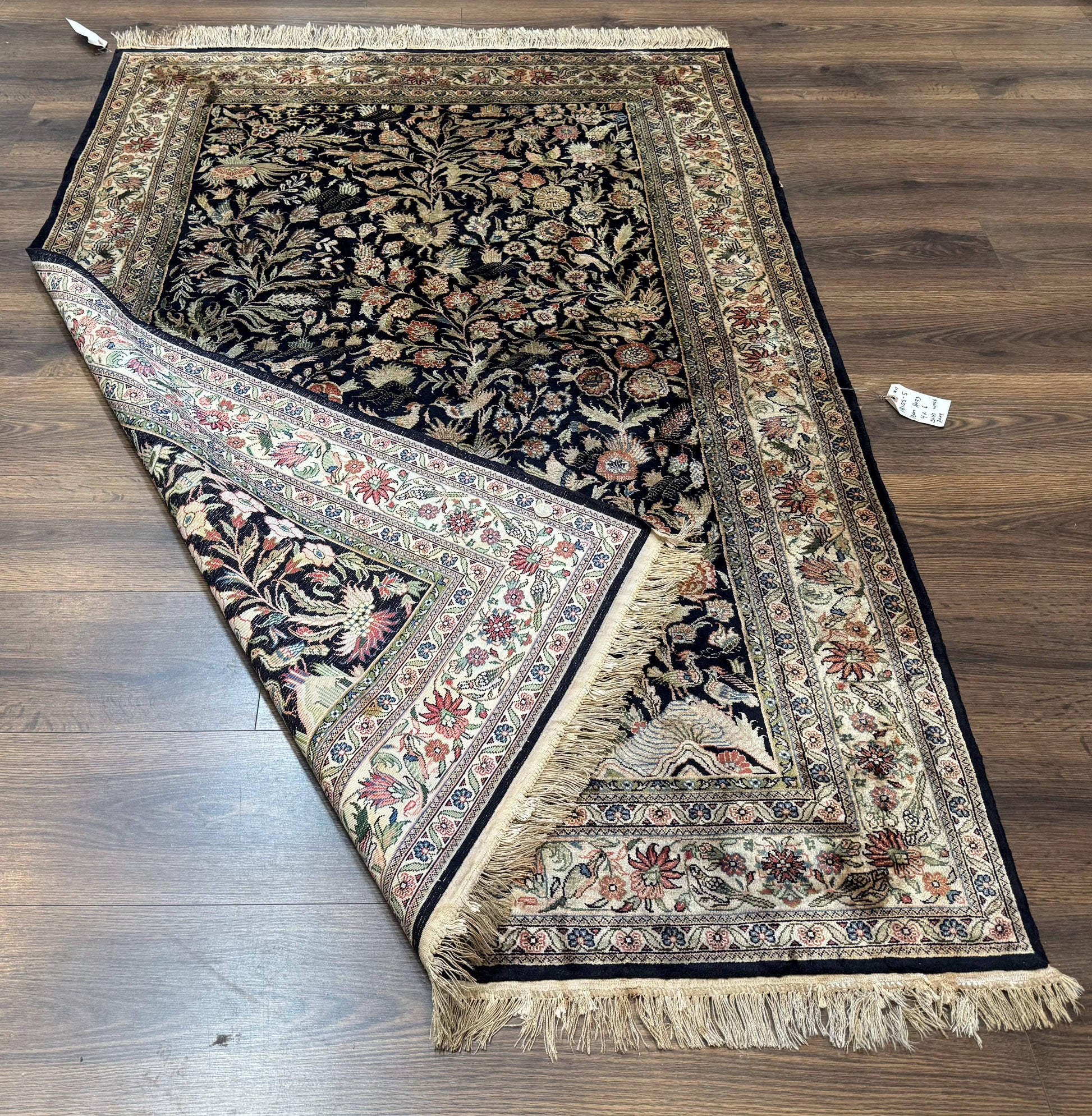Silk Rug 4x6, Black and Cream, Floral & Bird Pictorials, Fine 330 KPSI, Sino Persian Rug - Nuvé