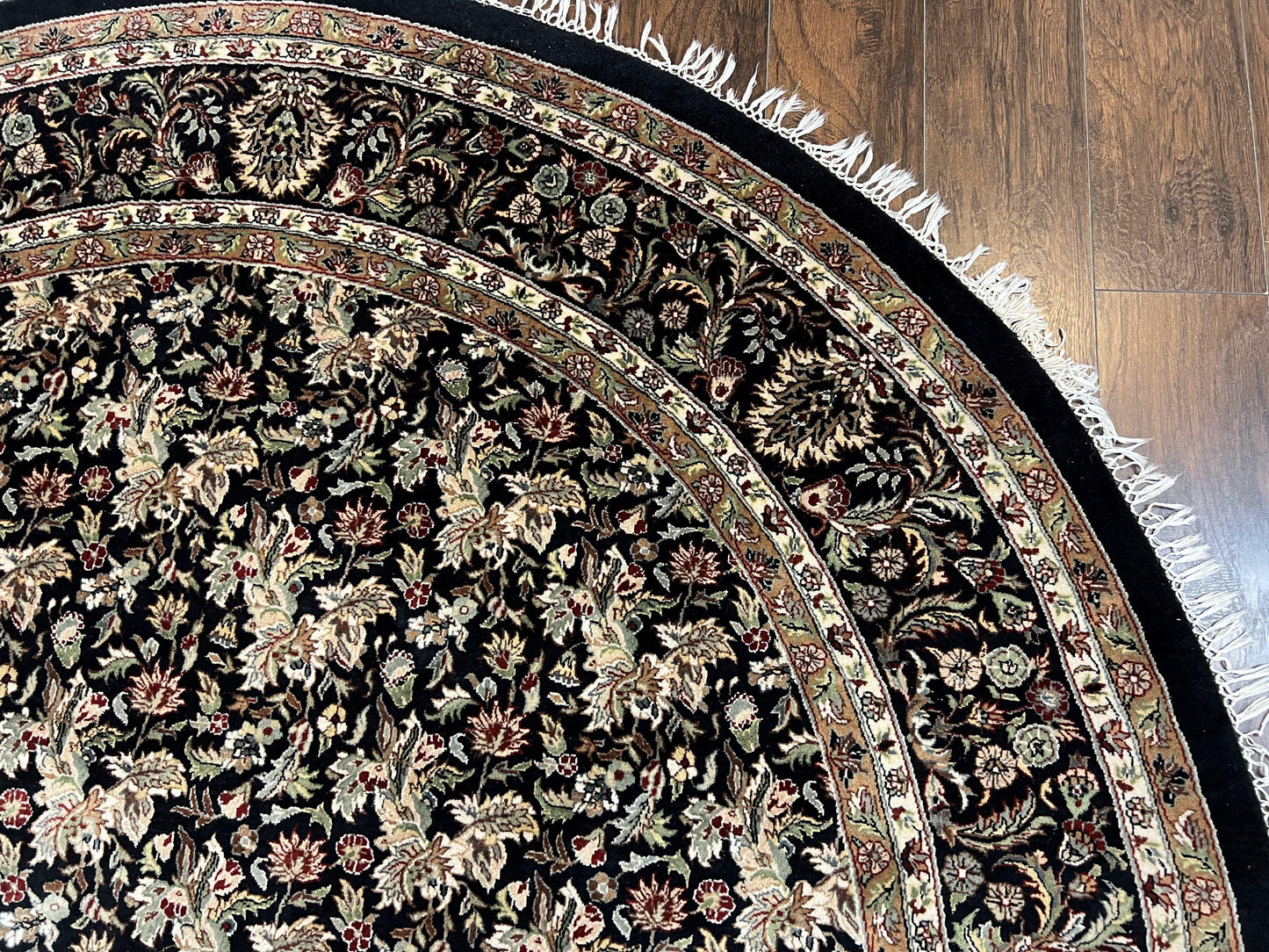 Round Oriental Rug 8x8 ft, William Morris Floral Pattern Carpet, 8 x 8 ft Round Rug, Black Cream and Tan 8ft Round Handmade Indo Persian Rug - Nuvé