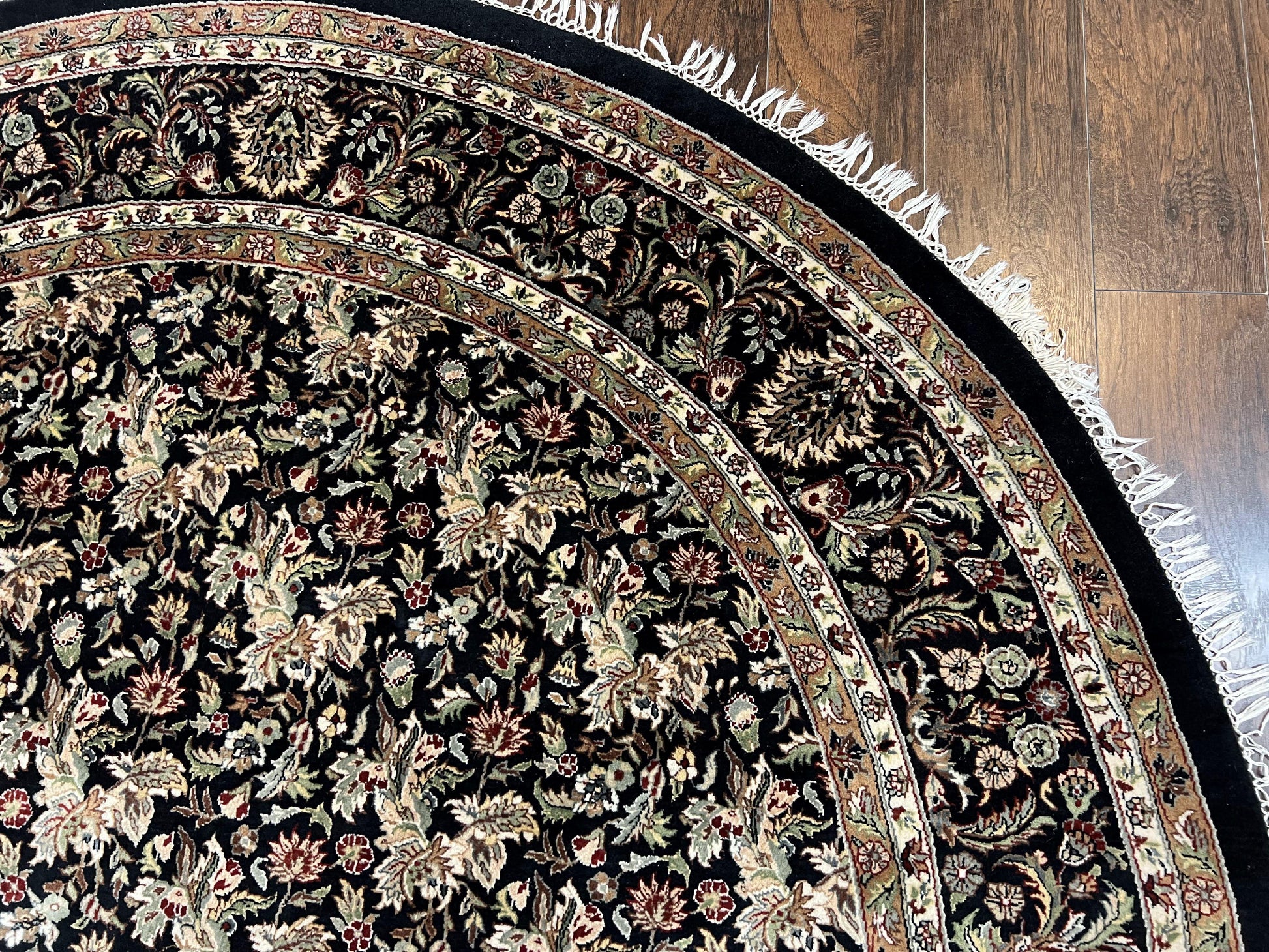 Round Oriental Rug 8x8 ft, William Morris Floral Pattern Carpet, 8 x 8 ft Round Rug, Black Cream and Tan 8ft Round Handmade Indo Persian Rug - Nuvé