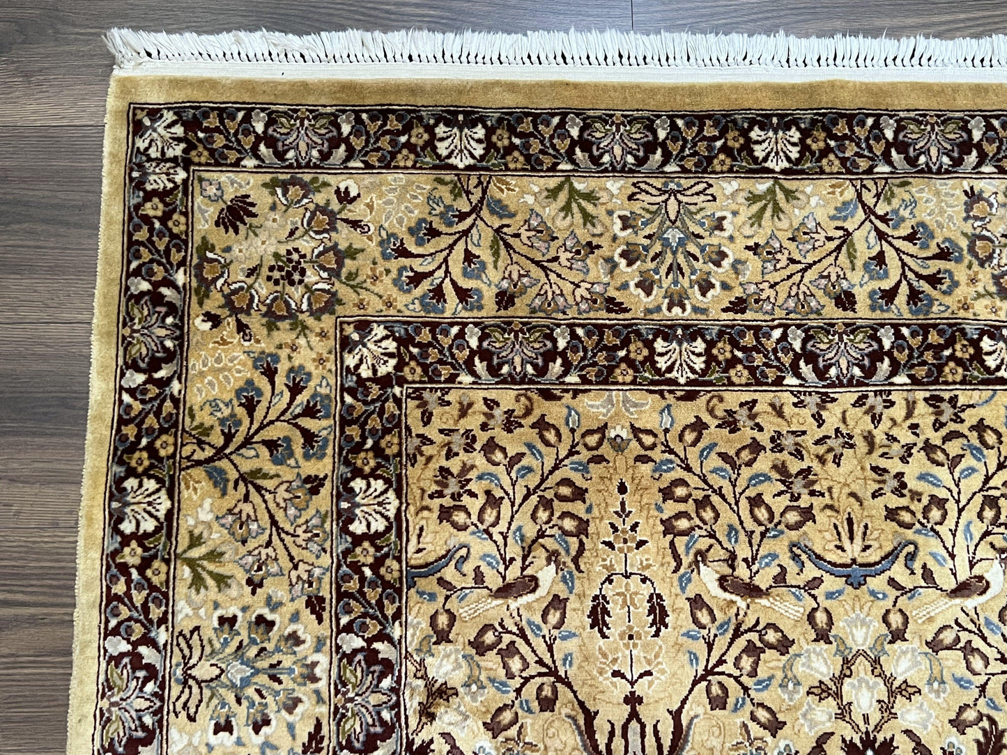 Pretty Indo Persian Rug 6x9, Allover Floral Motif with Birds, Tan/Cream, Very Fine Oriental Carpet, Hand Knotted Vintage Indian Wool Rug - Nuvé
