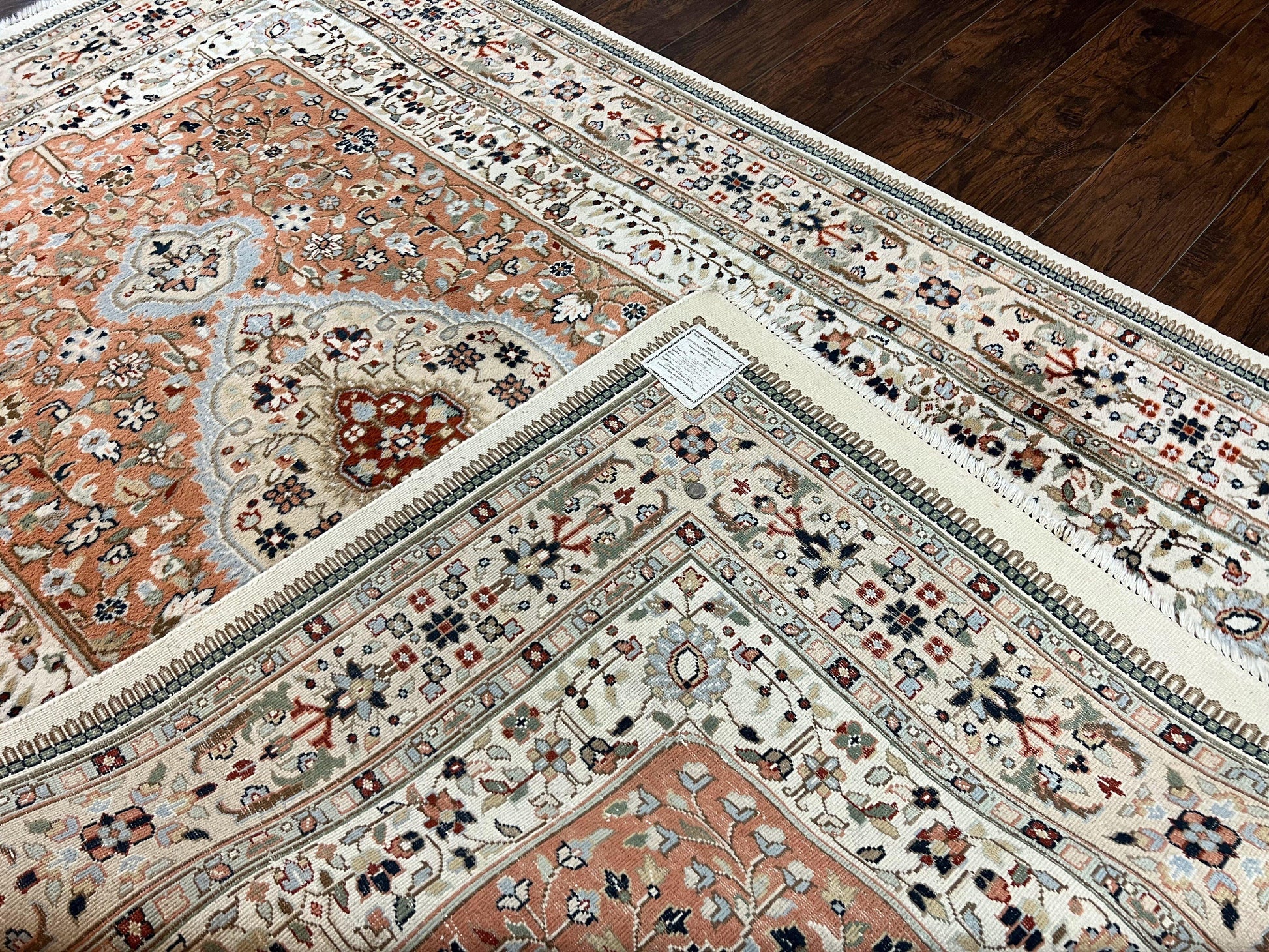 Indo Persian Rug 6x9, Wool Hand Knotted Vintage Carpet, Salmon & Ivory, Traditional Oriental Rug 6 x 9 - Nuvé
