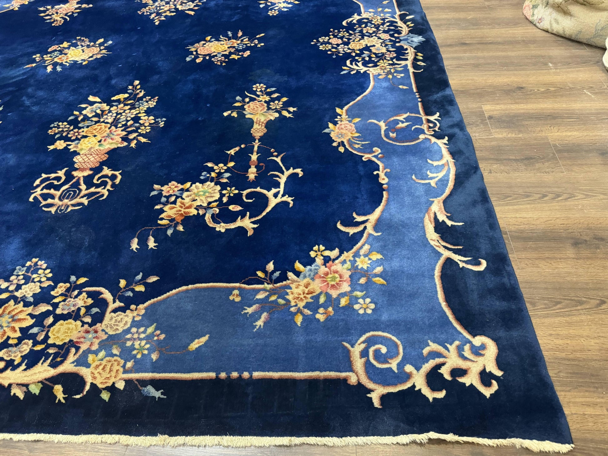 Blue Chinese Art Deco Rug 9x12, Vintage Antique Chinese Wool Rug, Chinese Fette Rug - Nuvé