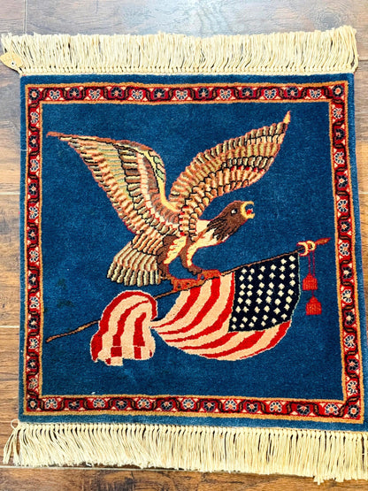 Pictorial Rug of American Flag with Bald Eagle, Small Indo Persian Pictorial Rug, Blue, Handmade, Very Fine 330 KPSI - Nuvé