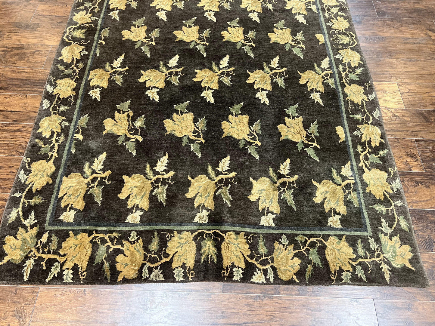 Tibetan Nepal Rug 6x9, Wool Hand Knotted Vintage Carpet 6 x 9, Dark Green & Golden Yellow, Floral Bouquets - Nuvé