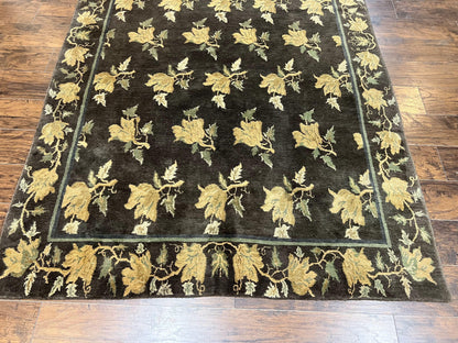 Tibetan Nepal Rug 6x9, Wool Hand Knotted Vintage Carpet 6 x 9, Dark Green & Golden Yellow, Floral Bouquets - Nuvé