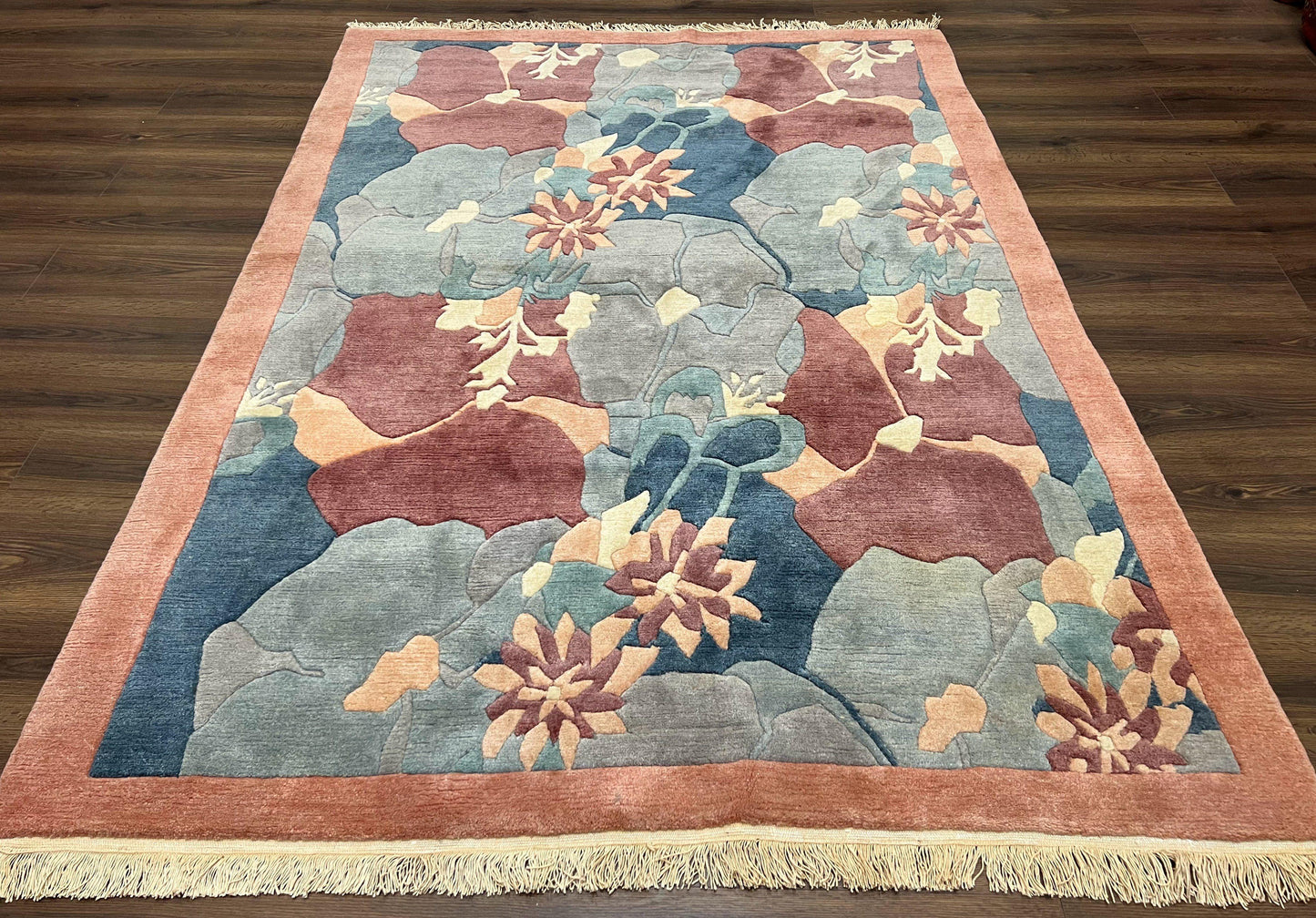Modern Tibetan Rug 5.7 x 7.9, Abstract Multicolor Flower Pattern, Navy Blue Maroon Salmon, Soft Wool, Hand Knotted Contemporary Carpet 6x8 - Nuvé