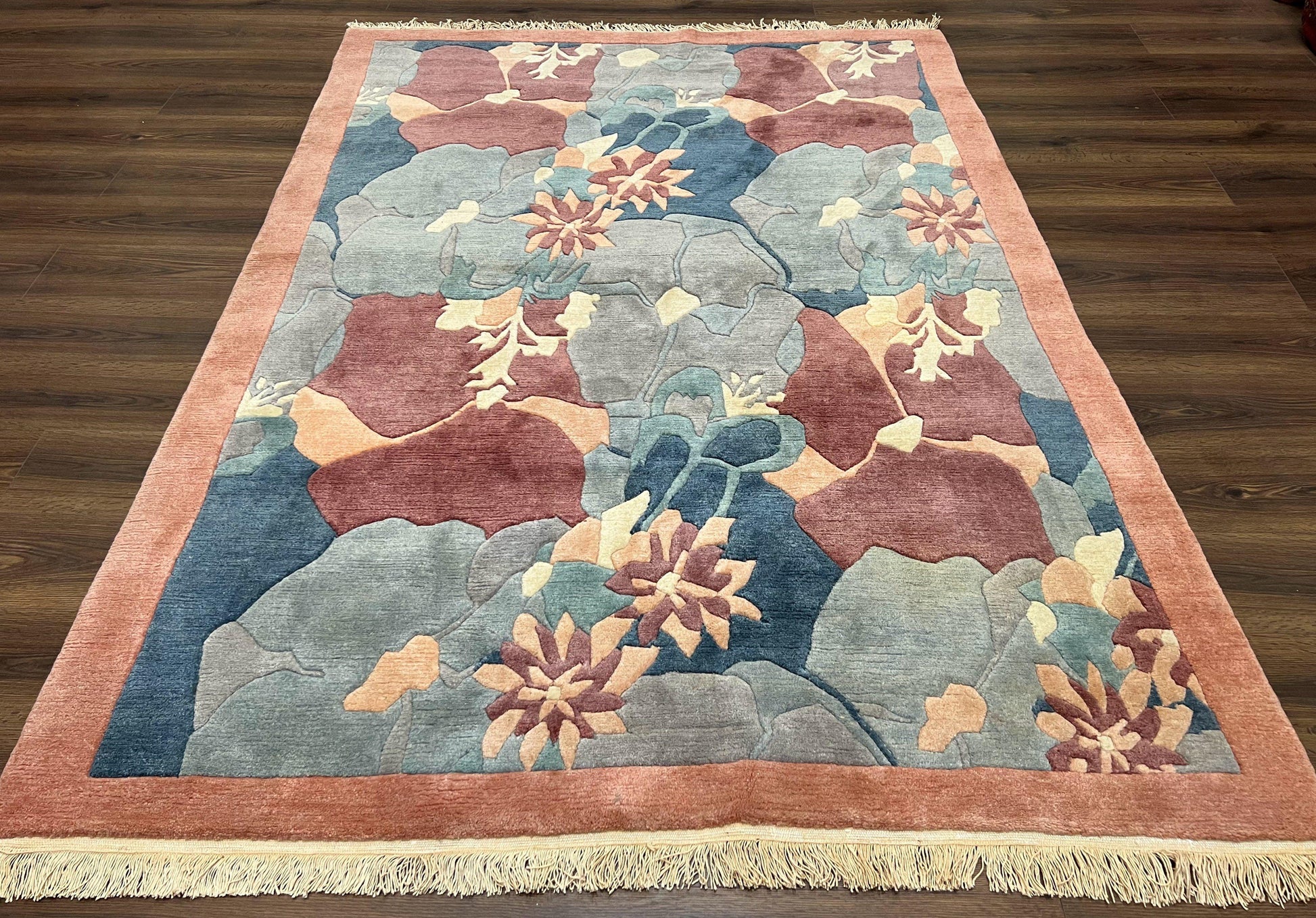 Modern Tibetan Rug 5.7 x 7.9, Abstract Multicolor Flower Pattern, Navy Blue Maroon Salmon, Soft Wool, Hand Knotted Contemporary Carpet 6x8 - Nuvé