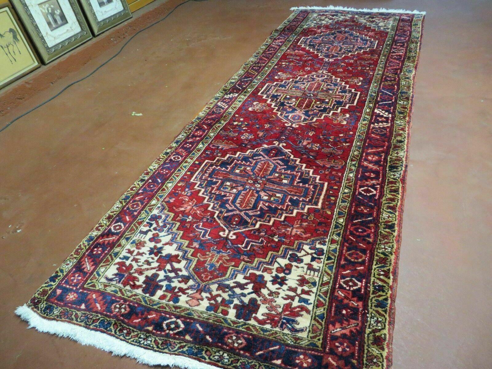 Persian Runner Rug, Heriz Runner Rug, Geometric Medallions, Red Cream Navy Blue Wool Hallway Rug 3.9 x 10.8 Antique Oriental Runner Handmade - Nuvé