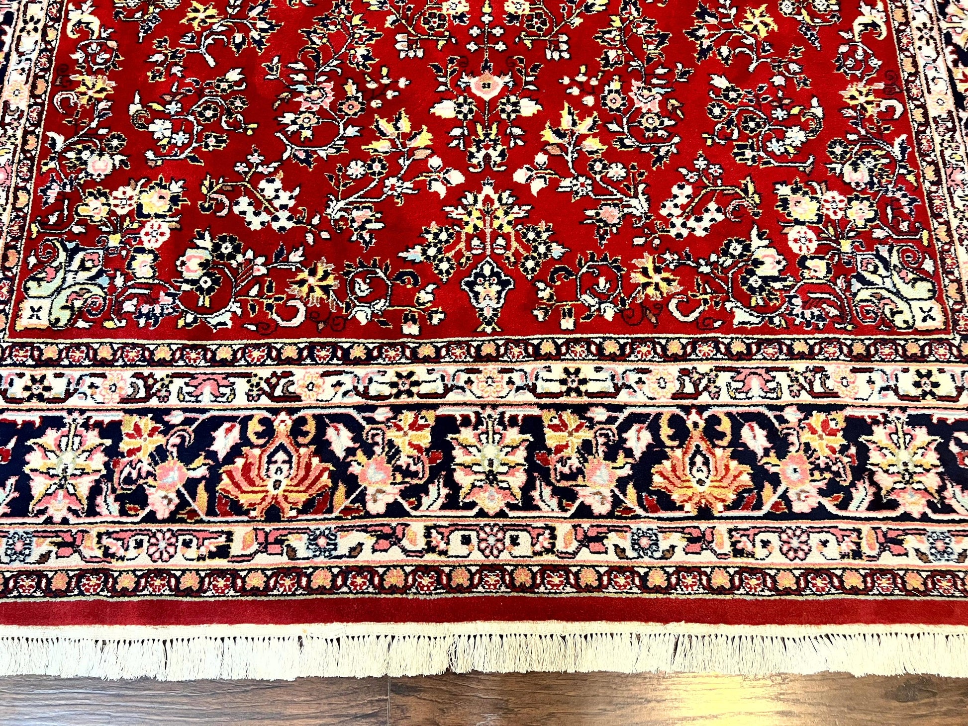 Indo Persian Sarouk Rug 8x10, Red, Floral Allover, Handmade Vintage Wool Carpet, Traditional Rug - Nuvé