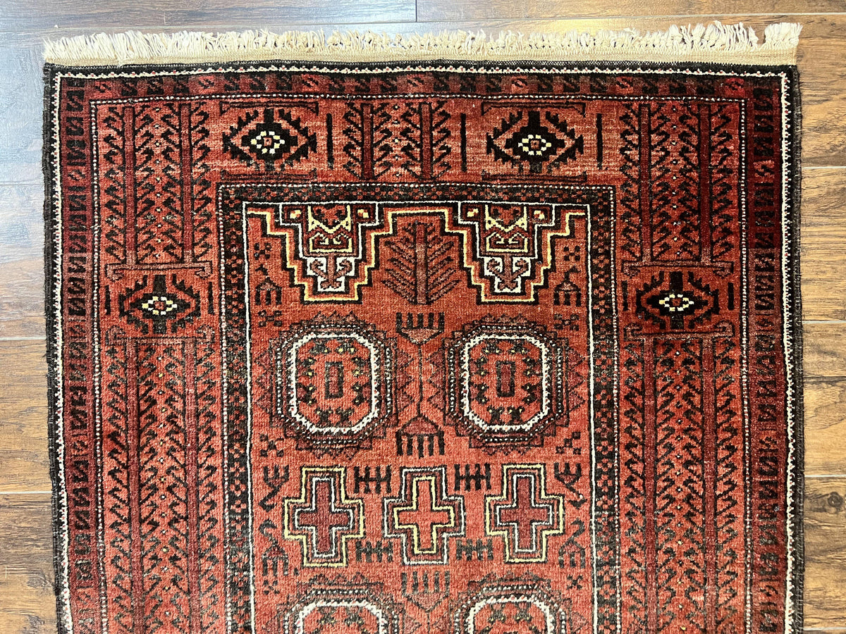 Antique Persian Turkoman Rug 3x6, Wool Tribal Handmade Carpet, Red and Black