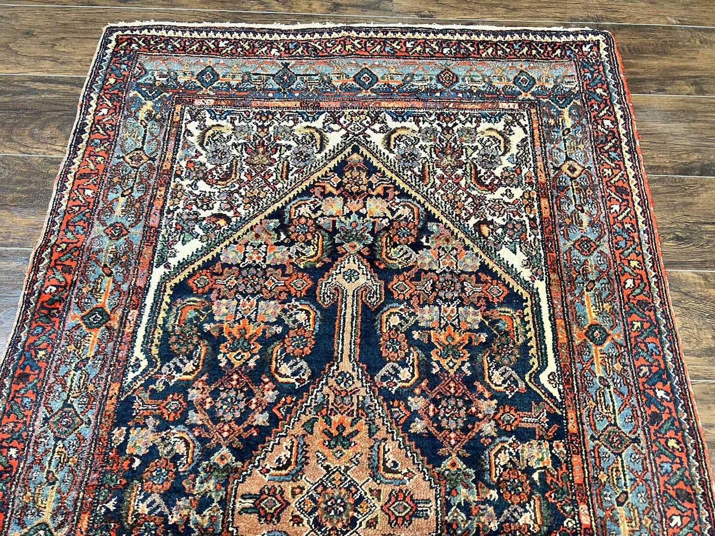 Antique Persian Runner Rug 3.7 x 15.8, Navy Blue Multicolor, Hand Knotted Handmade Wool Rug for Hallway, Geometric Medallions, Persian Hamadan Rug - Nuvé