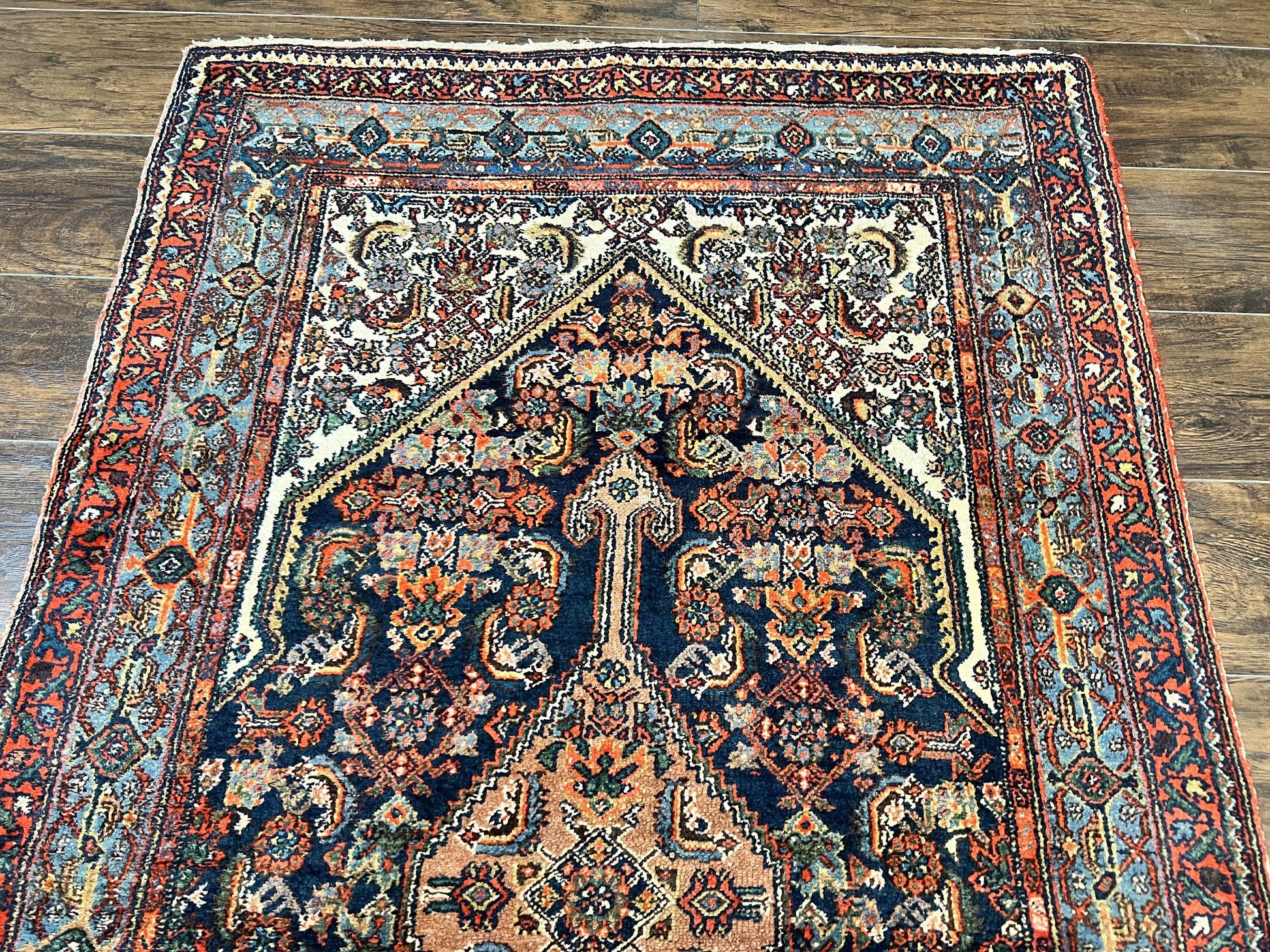 Antique Persian Runner Rug 3.7 x 15.8, Navy Blue Multicolor, Hand Knotted Handmade Wool Rug for Hallway, Geometric Medallions, Persian Hamadan Rug - Nuvé