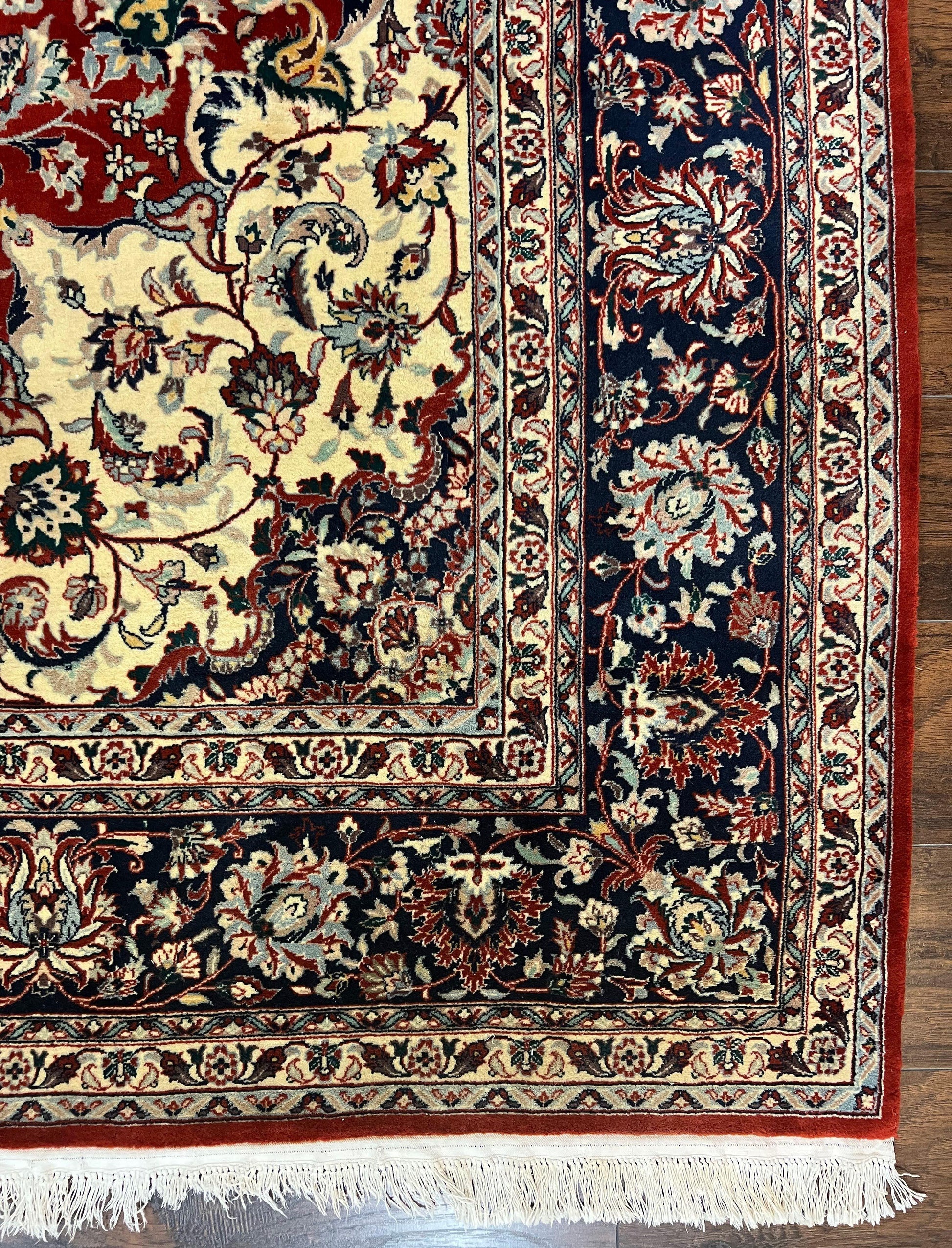 Fine Sino Persian Rug 7x10 ft, Floral Central Medallion Oriental Carpet, Red Navy Blue Cream, Hand Knotted Wool Traditional Vintage Rug - Nuvé