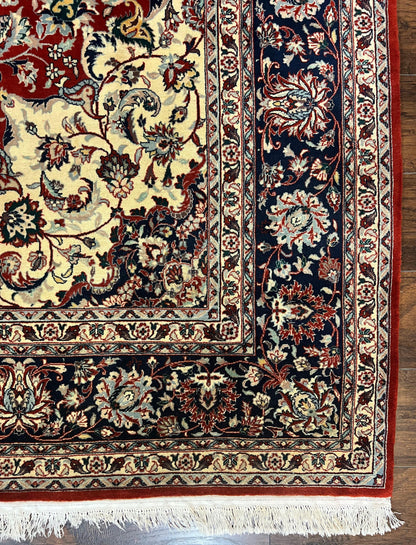 Fine Sino Persian Rug 7x10 ft, Floral Central Medallion Oriental Carpet, Red Navy Blue Cream, Hand Knotted Wool Traditional Vintage Rug - Nuvé