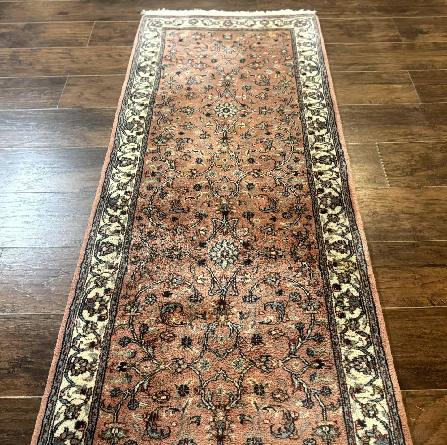 Indo Persian Runner Rug 2.6 x 10, Coral and Cream, Hand Knotted 10ft Wool Oriental Runner for Hallway or Kitchen - Nuvé