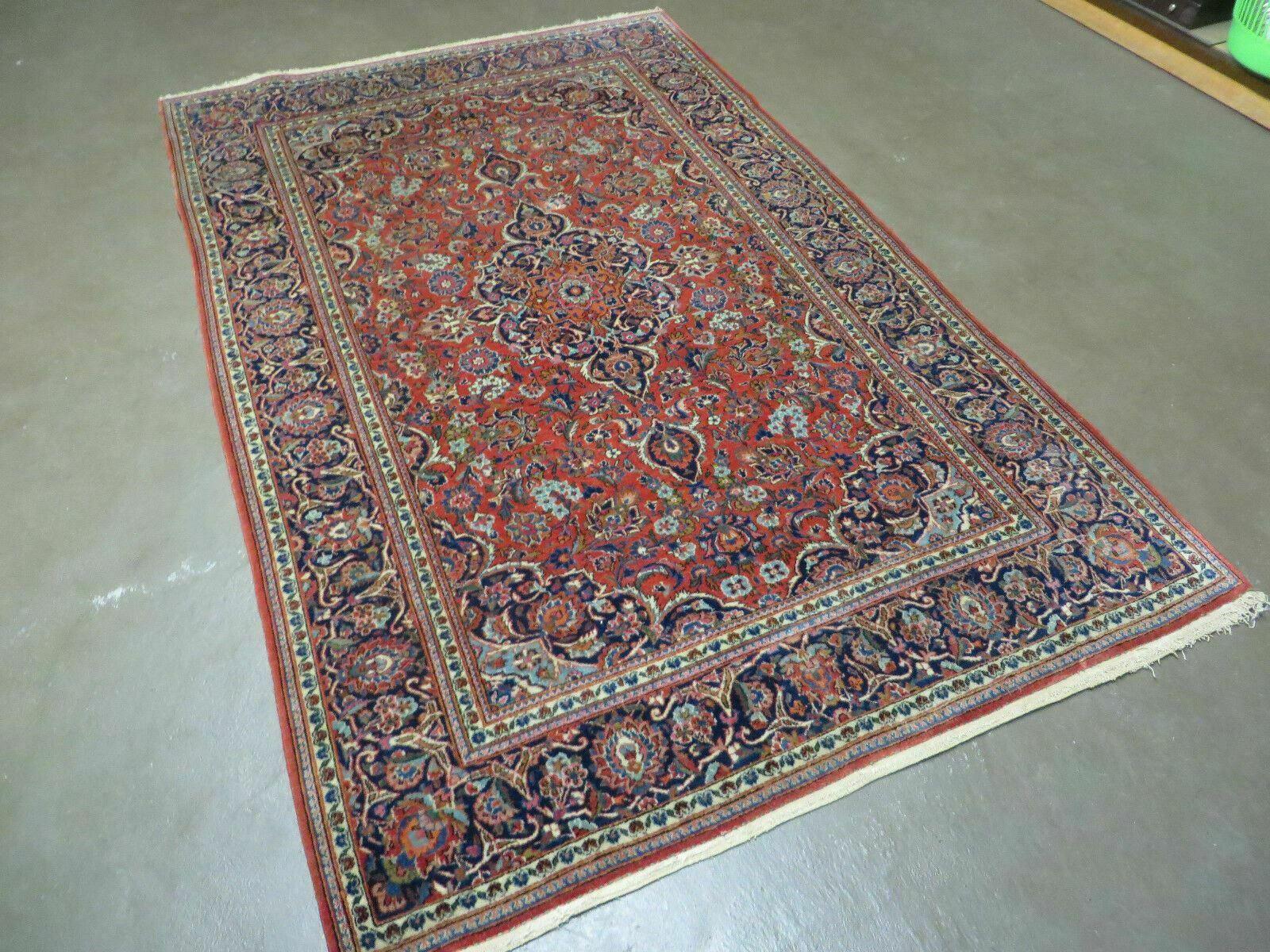 Persian Kashan Rug 4x7, Red and Navy Blue Semi Antique Vintage Wool Oriental Carpet, Hand Knotted Rug, Floral Medallion, High Quality Fine Carpet - Nuvé