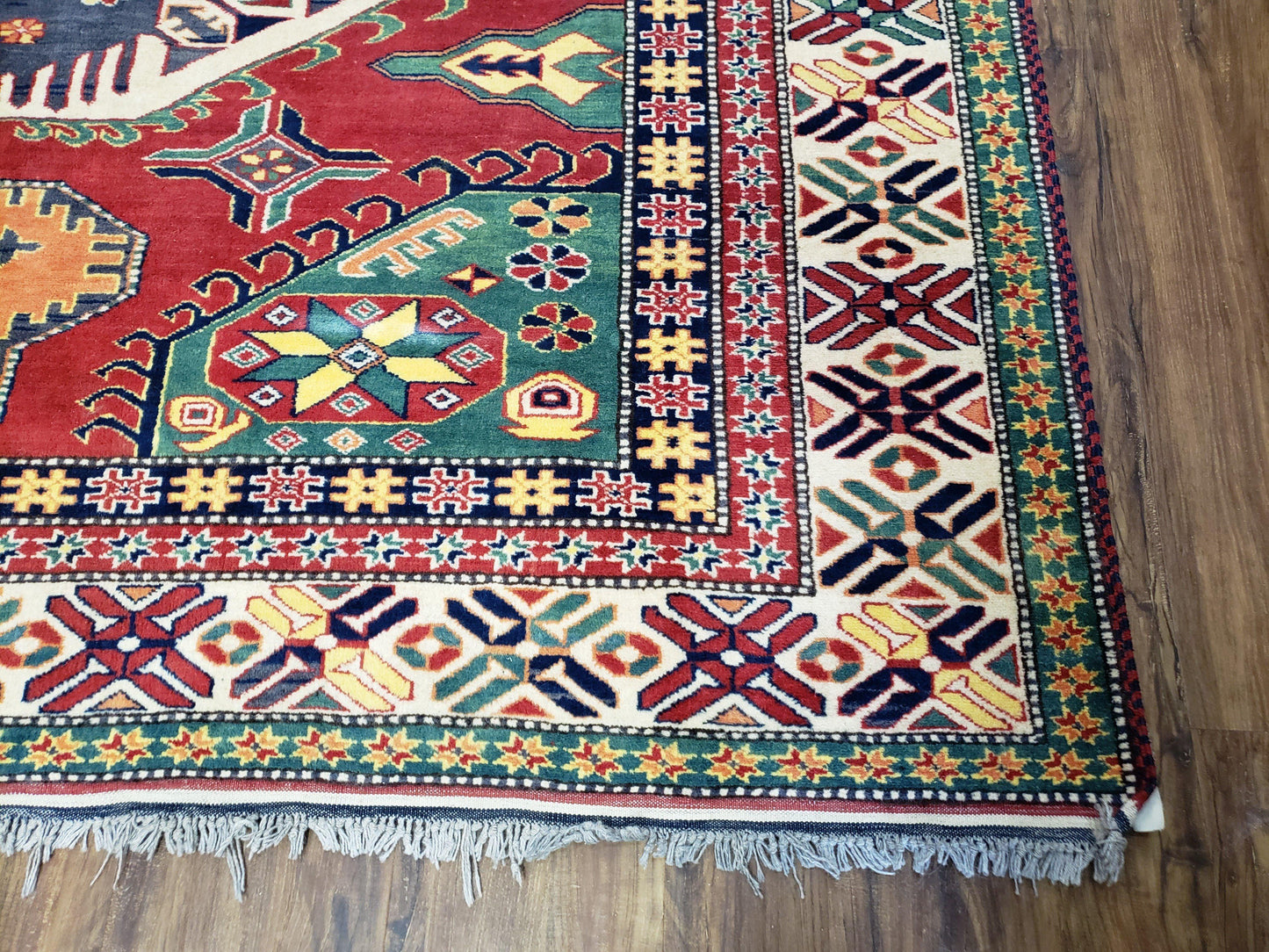 Vintage Turkish Kazak Area Rug, 6ft Square Rug, 6x6 Square Oriental Carpet, Hand-Knotted, Wool, Bold Colors, Red Blue Green, Geometric Rug - Nuvé