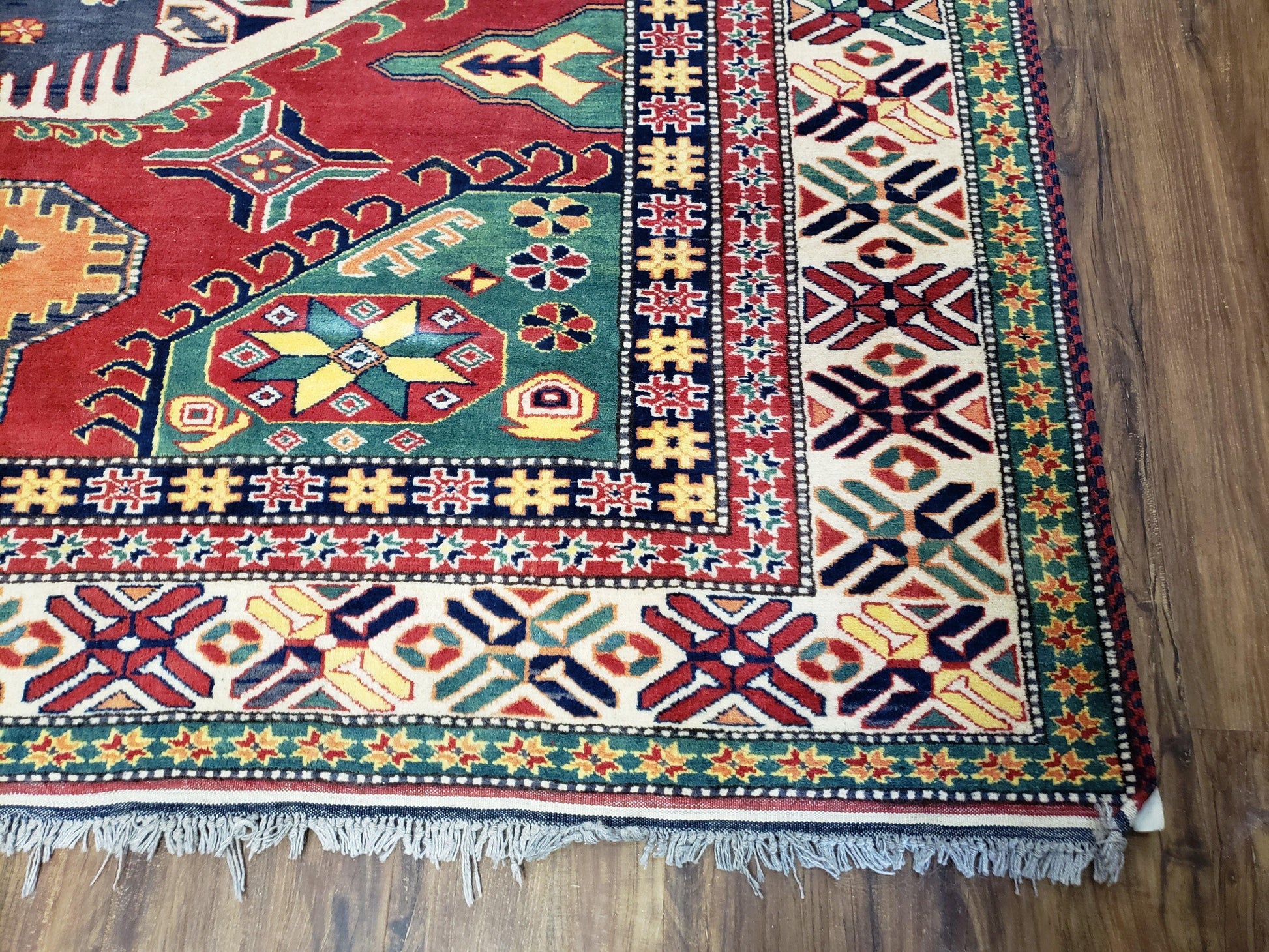 Vintage Turkish Kazak Area Rug, 6ft Square Rug, 6x6 Square Oriental Carpet, Hand-Knotted, Wool, Bold Colors, Red Blue Green, Geometric Rug - Nuvé