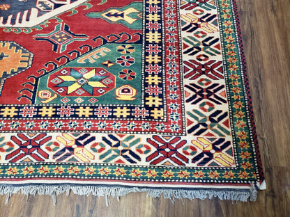 Vintage Turkish Kazak Area Rug, 6ft Square Rug, 6x6 Square Oriental Carpet, Hand-Knotted, Wool, Bold Colors, Red Blue Green, Geometric Rug - Nuvé