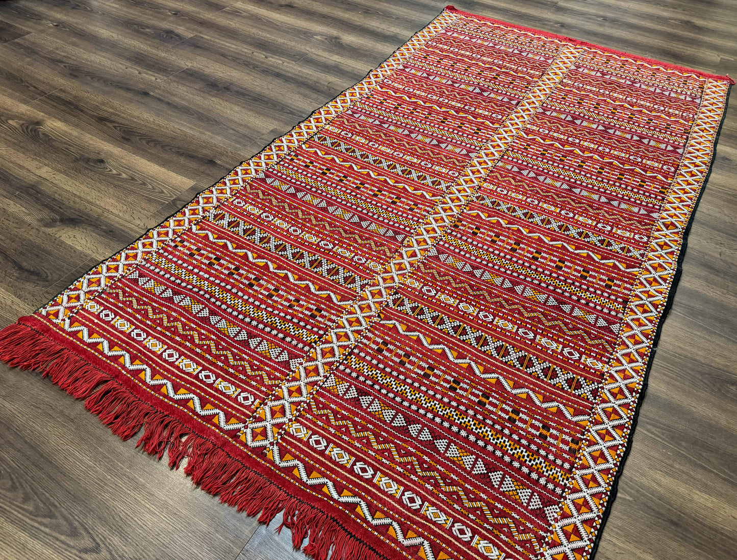 Moroccan Kilim Rug 4x8, Flatweave, Bohemian, Red Ivory Orange - Nuvé