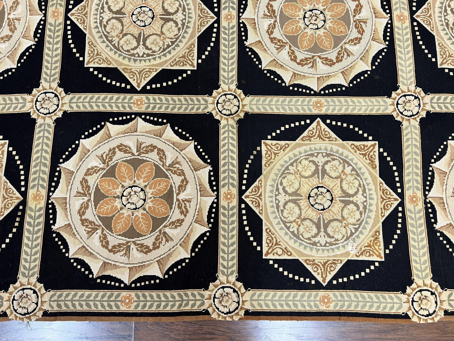 Needlepoint Rug 8x10, Black Tan Beige, Panel Design, Wool Handwoven Handmade Flatweave Needlepoint Carpet, Vintage French European Rug - Nuvé