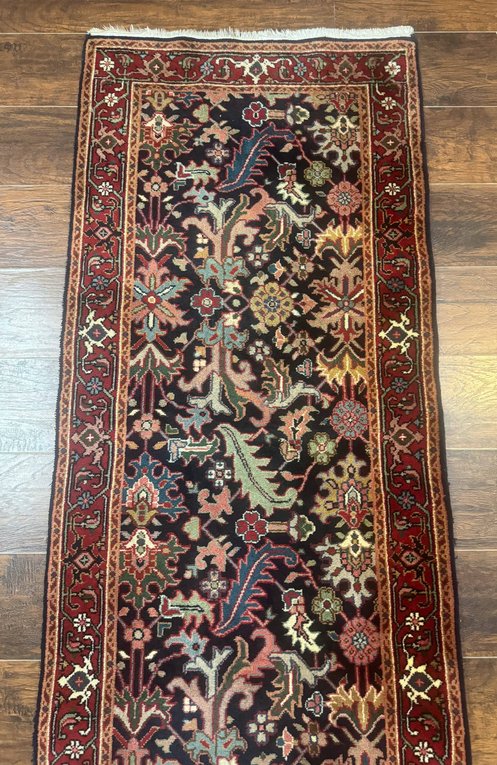 Indo Persian Runner Rug 2.7 x 13, Navy Blue and Red, Allover Floral, Wool, 13ft Runner - Nuvé