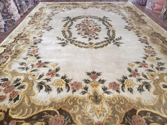 Aubusson Rug 10x14, Elegant French European Design, Vintage Handmade Carpet with Pile, Beige Floral Dining Room Rug, Living Room, Soft Wool - Nuvé