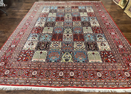 Persian Qum Rug 9x13, Multicolor Panel Design, Red Blue Cream, Hand Knotted Vintage Large Wool Rug - Nuvé