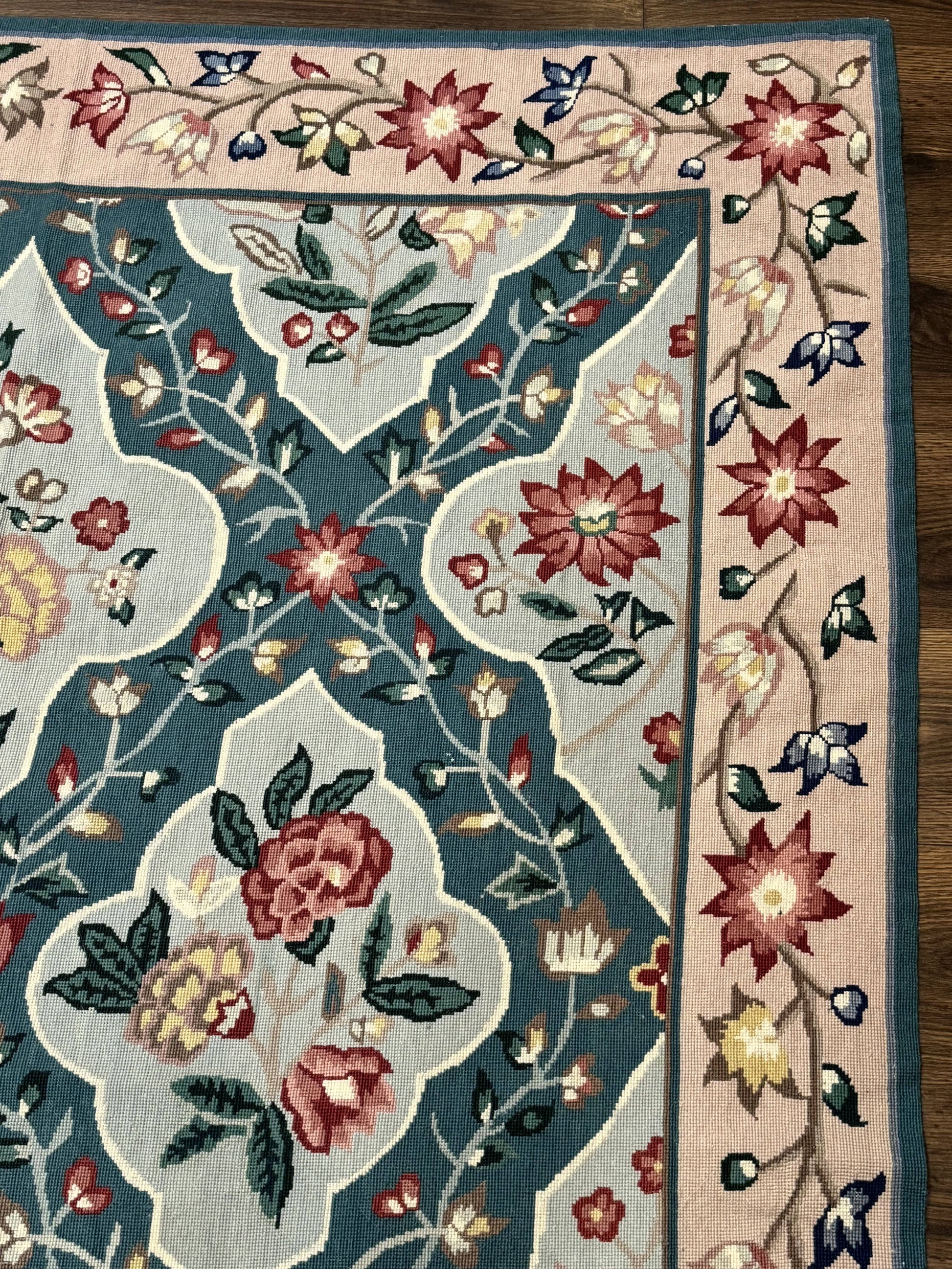 Teal Needlepoint Rug 6x9, Panel Design, Floral Bouquets, Handmade - Nuvé