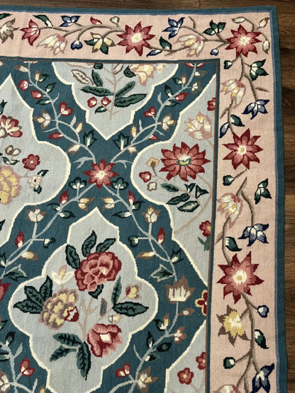 Teal Needlepoint Rug 6x9, Panel Design, Floral Bouquets, Handmade - Nuvé