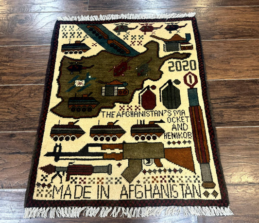 Afghan War Rug, Helicopters Tanks Guns, Handmade, Wool, 2x3 - Nuvé