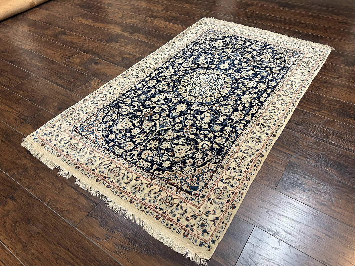 Very Fine Persian Nain Rug 3.7 x 6, Floral Medallion, Wool and Silk Accents, Highly Detailed, Hand Knotted Oriental Carpet, Navy Blue Ivory/Cream - Nuvé
