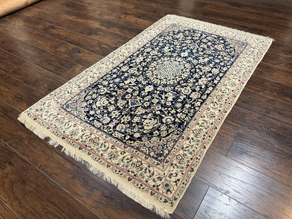 Very Fine Persian Nain Rug 3.7 x 6, Floral Medallion, Wool and Silk Accents, Highly Detailed, Hand Knotted Oriental Carpet, Navy Blue Ivory/Cream - Nuvé