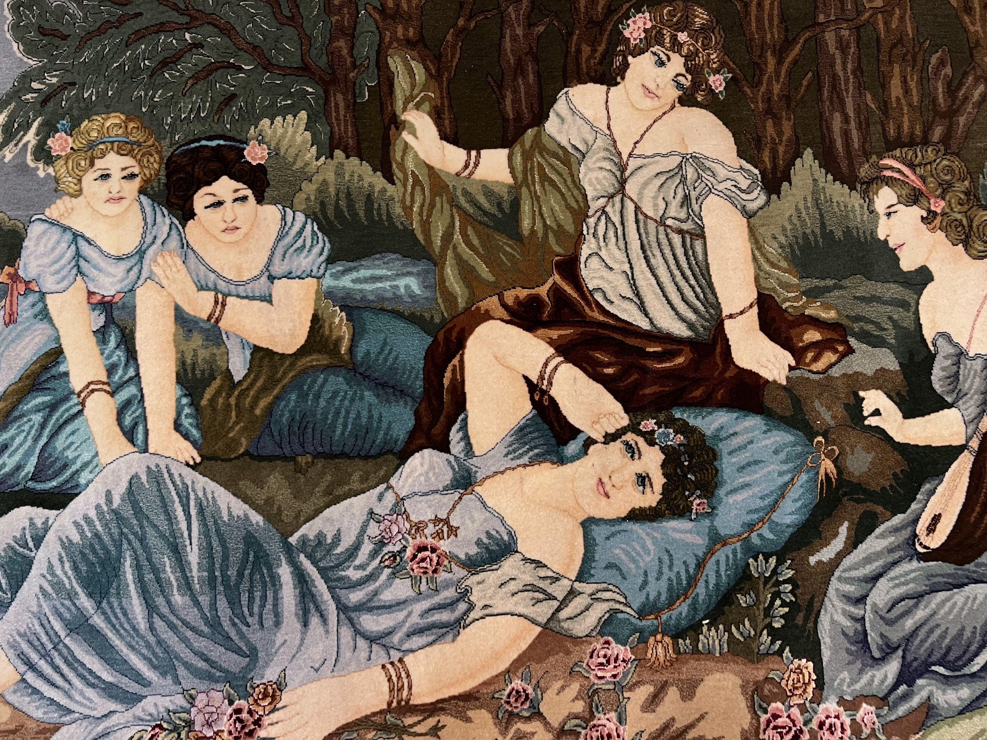 Persian Tabriz Pictorial Rug 5x3, Women Laying By River, Super Fine 60 Raj 480+ KPSI, Hand Knotted Wool Rug, Semi Antique Vintage Oriental Carpet - Nuvé