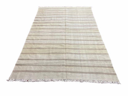 5x8 Turkish Kilim Rug, Flatweave Carpet, Striped Blanket, Southwestern Design, New, Gray, Wool, High Quality, Hand-Knotted - Nuvé