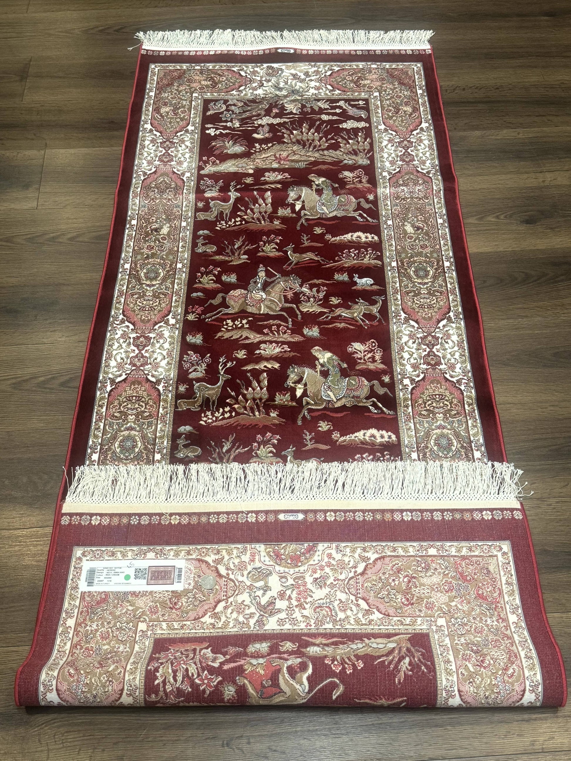 Turkish Silk Rug 2.6 x 6.7, Hunting Design, Short Runner Rug, Red & Ivory, Bamboo Silk, New - Nuvé