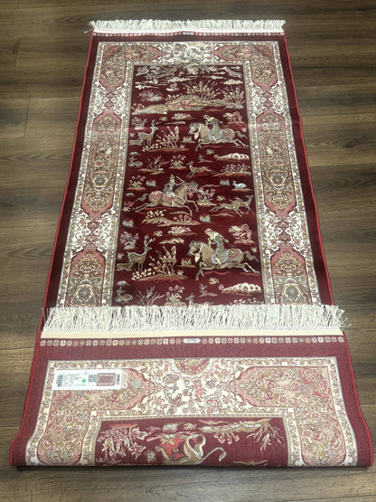 Turkish Silk Rug 2.6 x 6.7, Hunting Design, Short Runner Rug, Red & Ivory, Bamboo Silk, New - Nuvé