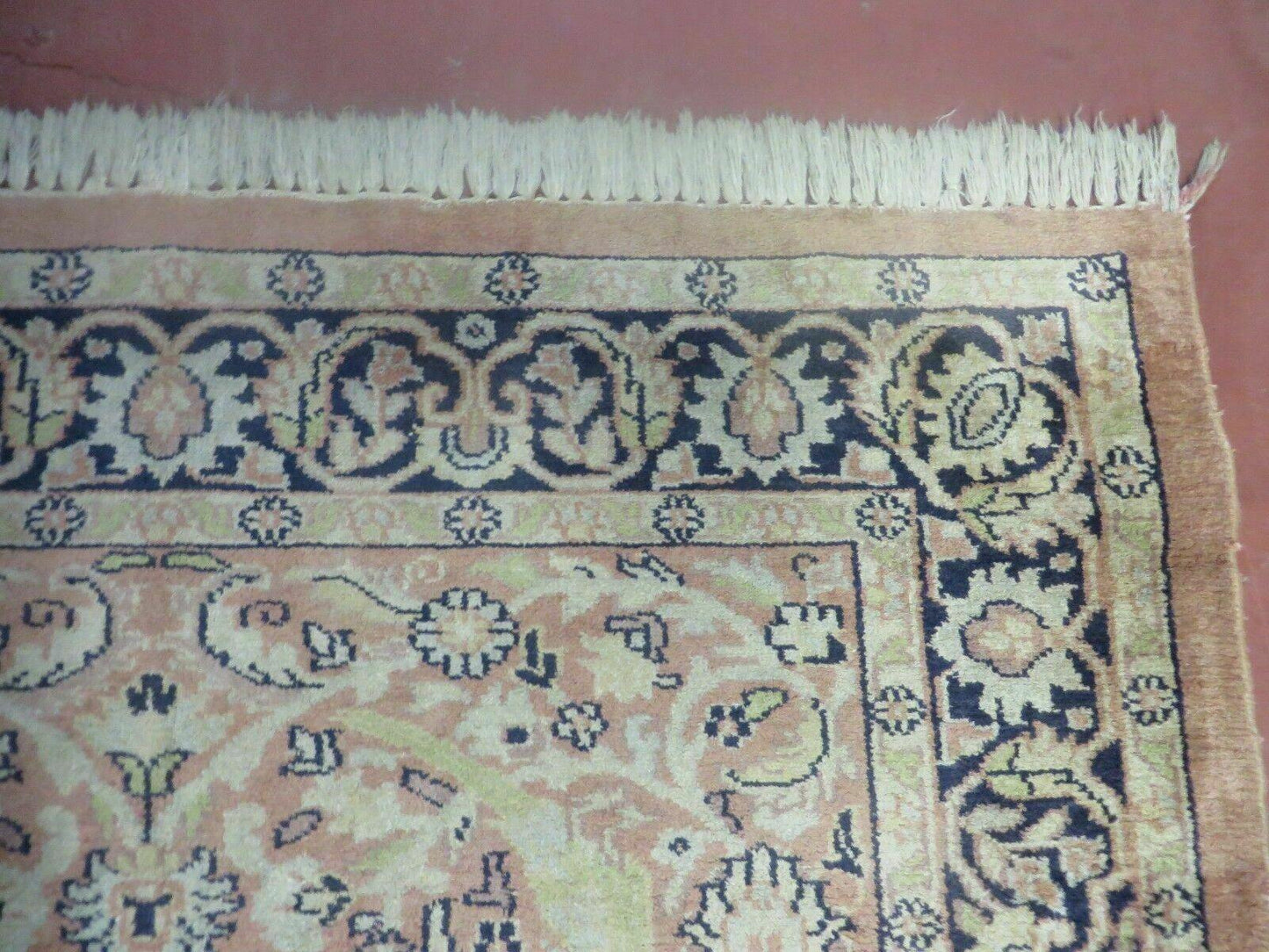 Indian Silk Rug 4x6, Indian Kashmiri Silk Carpet 4 x 6 ft, Vintage Hand Knotted Floral Bird Motifs, Light Pink and Navy Blue, Silk on Cotton - Nuvé