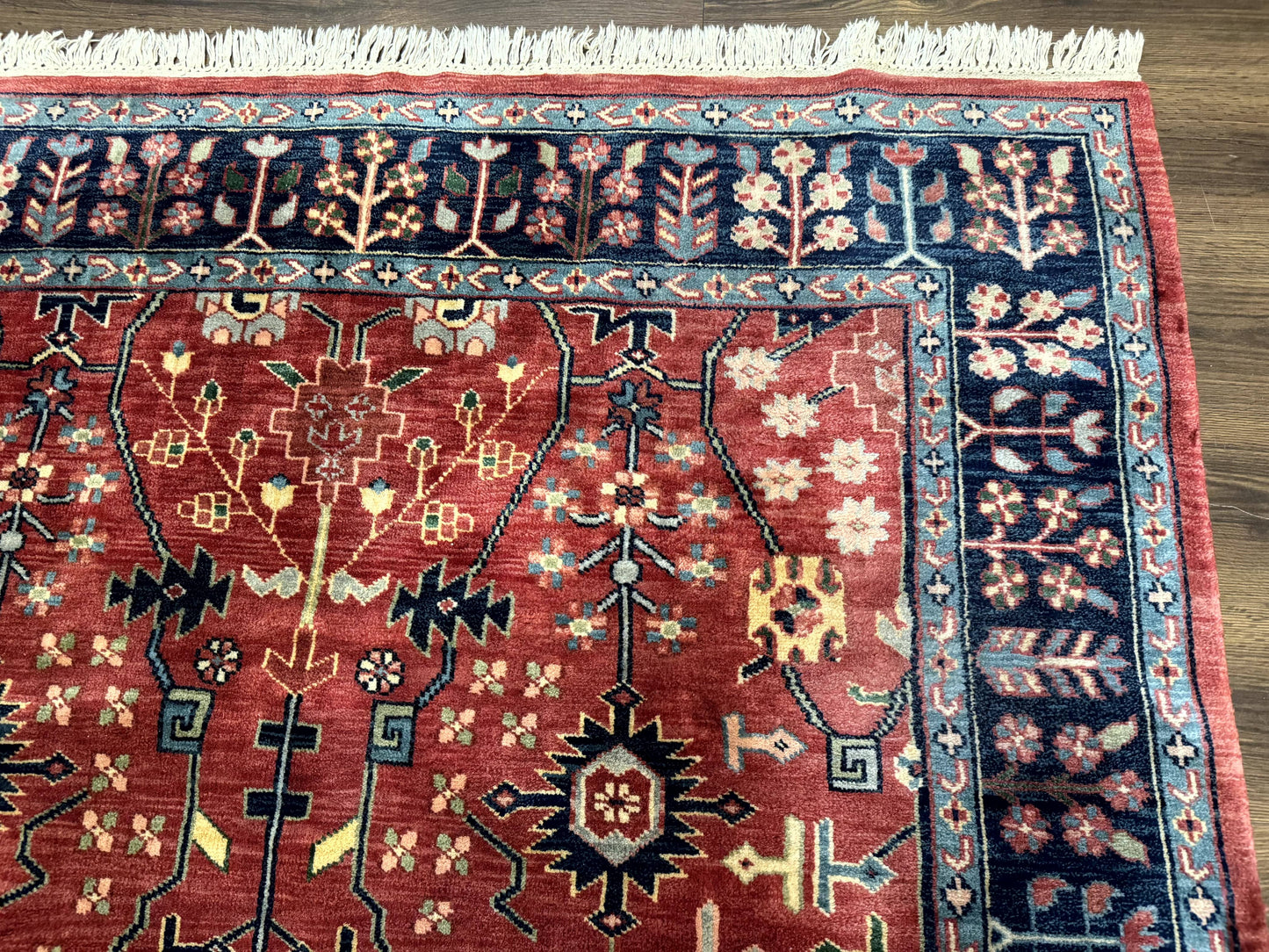 Indo Persian Heriz Serapi Rug 6x8, Rust Red and Navy Blue, Allover Pattern - Nuvé