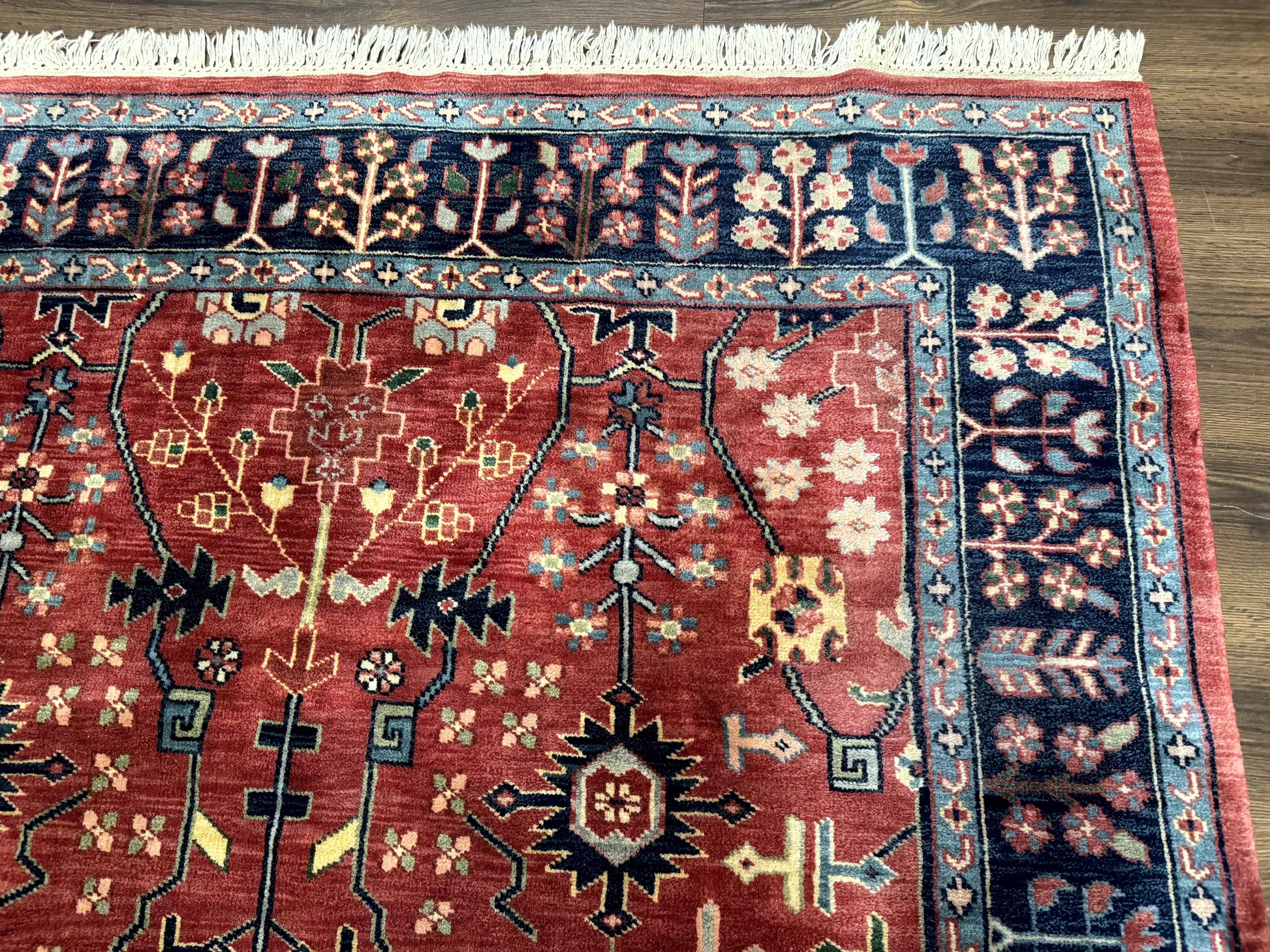 Indo Persian Heriz Serapi Rug 6x8, Rust Red and Navy Blue, Allover Pattern - Nuvé