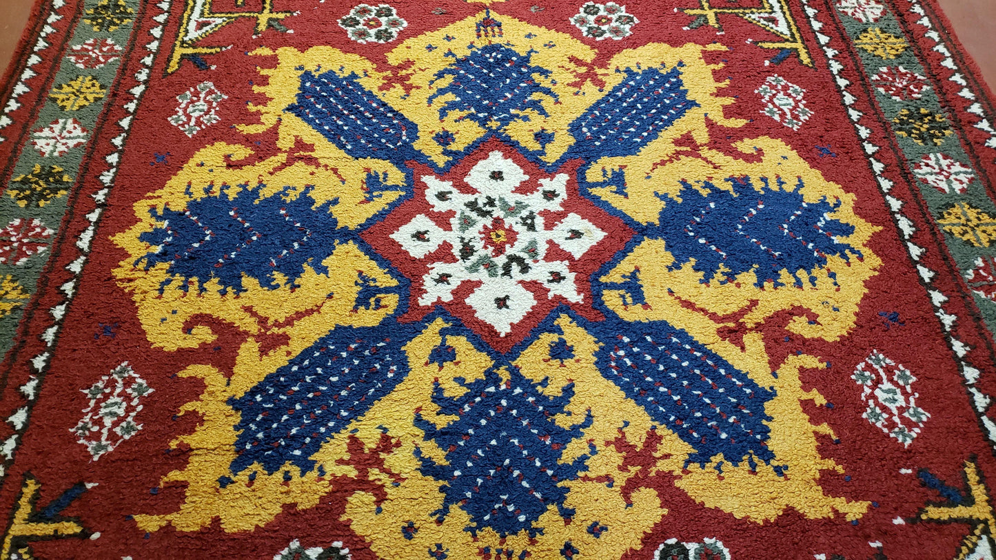 Colorful Moroccan Heriz Rug 6x9, Large Central Medallion, Red Yellow Blue - Nuvé