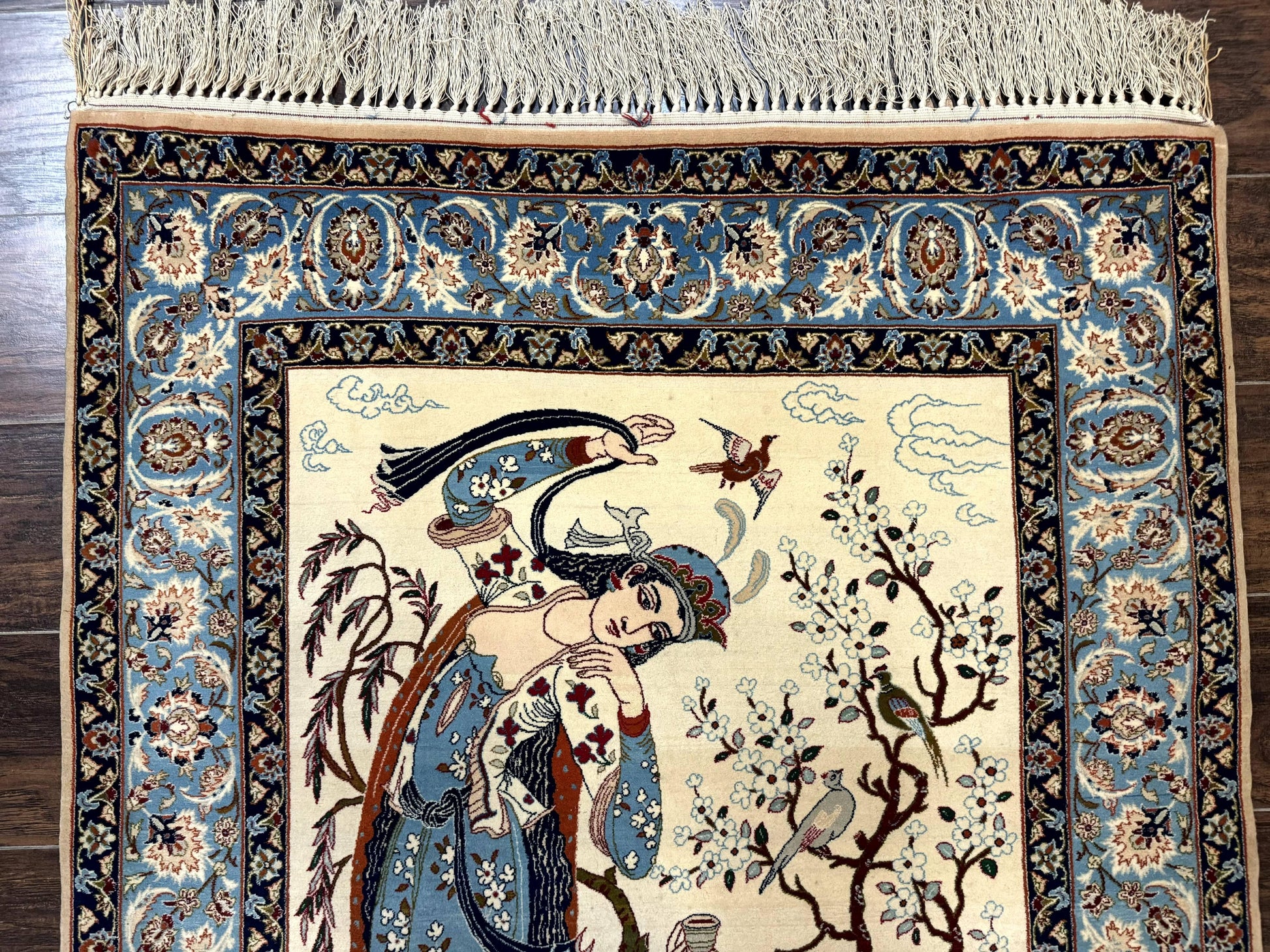 Persian Isfahan Pictorial Rug, Two Lovers, Kork Wool on Silk Foundation, Ivory and Light Blue, 500 KPSI Super Fine - Nuvé