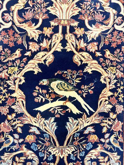 Persian Isfahan Rug 2x4, Birds, Navy Blue, Kork Wool on Silk Foundation, 460 KPSI - Nuvé
