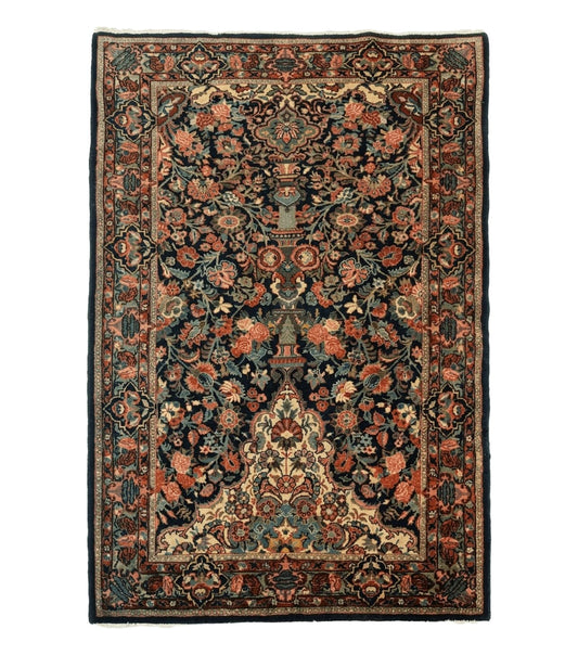 Antique Persian Rug 4x5, Navy Blue 1920s Carpet, Wool, Rare, Fine, Persian Hamadan Bidjar Carpet