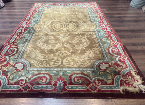 Tibetan Aubusson Rug 6x9, Gold-Beige, Soft Wool Pile, Handmade - Nuvé