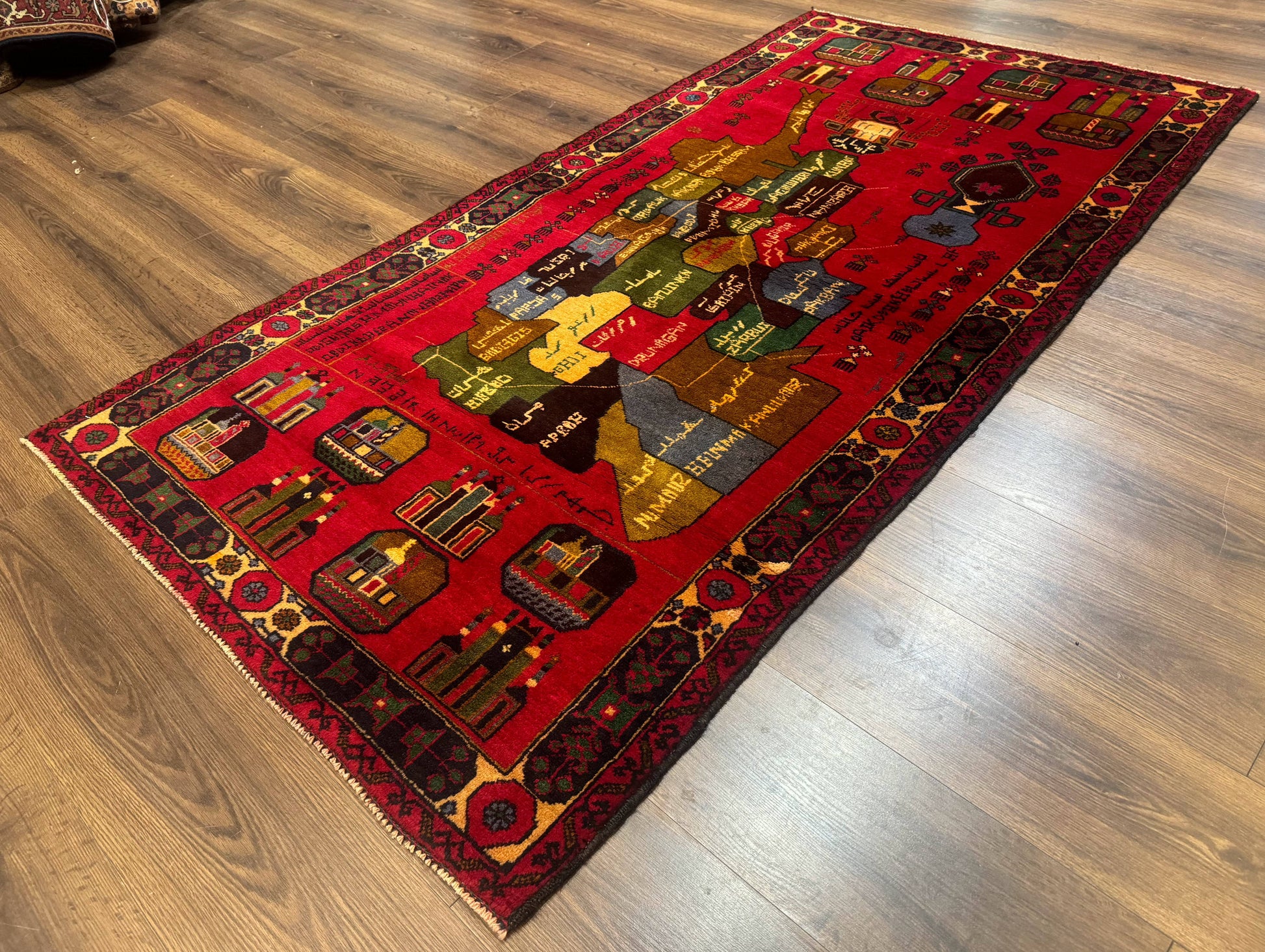 Red Afghan Balouch Rug 3x7, Tribal, Map of Afghanistan Depiction, Handmade, New - Nuvé