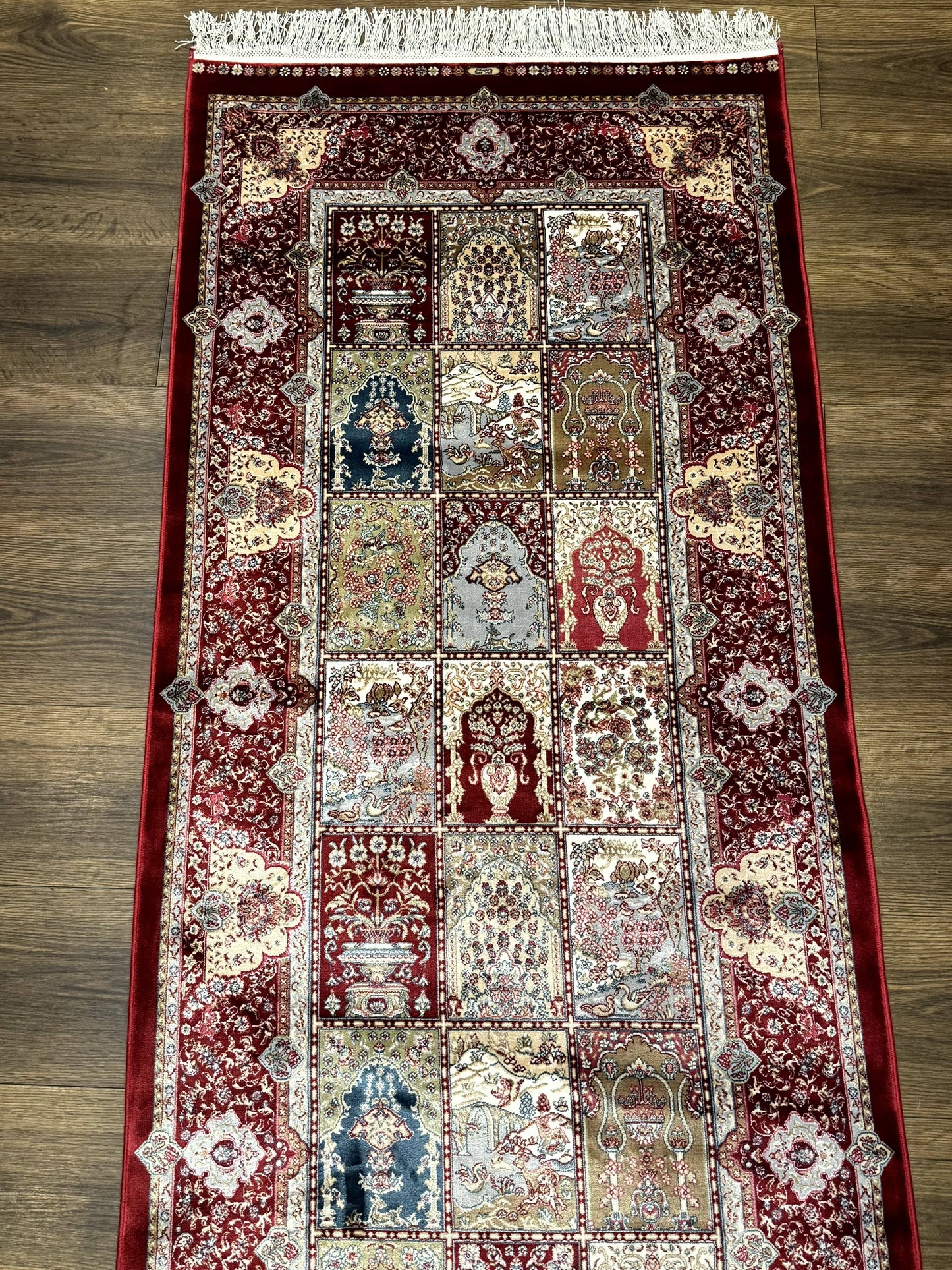 Turkish Silk Runner Rug 2.6 x 11.6, Panel Design, Dark Red Ivory, Bamboo Silk, New